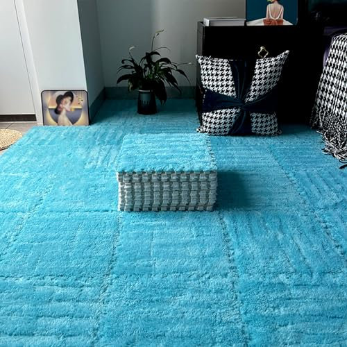 LULUMAIC 48 Stück weicher Plüschteppich, Puzzle-Schaumstoff-Bodenmatte, 30,5 x 30,5 cm, quadratische ineinandergreifende Teppichfliesen, Spielmatte, Spielzimmer, Schlafzimmer (blau 0,99 cm)