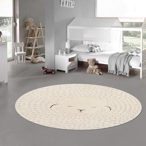 Teppich-Traum Kinderzimmer Spielzimmer Teppich rund mit Schafsmuster allergikergeeignet in Creme, 120 cm Rund