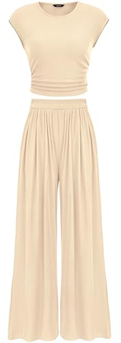PRETTYGARDEN 2-teiliges Damen-Sommer-Outfit 2024, Flügelärmel, gerüscht, schmal, T-Shirt, gerippt, weites Bein, Hose, Sets Trainingsanzug, aprikose, Small