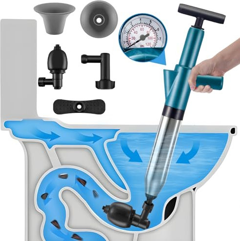 High Pressure Toilet Plunger Set, Toilet Unblocker Heavy Duty with Barometric Indicator and 4 Replaceable Heads,Toilet Unblocker Tools for Unblocking Toilet Bathtub Shower Floor Drain and Pipe Clog