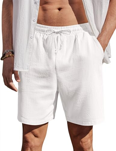 COOFANDY Pantalón Corto para Hombre de Verano Algodón con Cintura Elástica Pantalón Playa Vacaciones Casual Shorts con Bolsillos Blanco 5XL