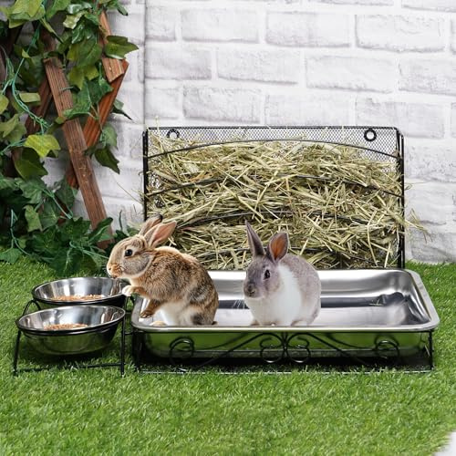 MOGOULUA 3 i 1 Kanin Huvudfoderstation med Rostfritt Stål Katttoalett och 2 Stycken Foderskålar för Husdjur Huvudfoder för Små Husdjur Kanin Hamster Marsvin
