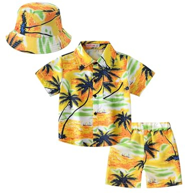 Moggemol Set Estivo Per Bambini Hawaii Con Camicia A Maniche Corte Pantaloncini E Cappello Da Pescatore Completo Abbigliamento Vacanza Al Mare Giallo 13-14 anni