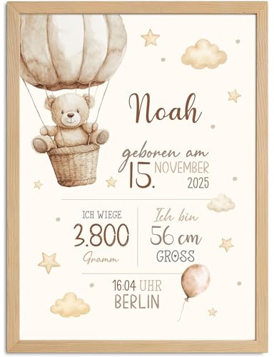 SpecialMe® Baby Poster personalisiert mit Teddybär & Heißluftballon –|Geburtsposter mit Name Geburtsdatum Gewicht Größe |Geschenk Geburt |Deko fürs Babyzimmer