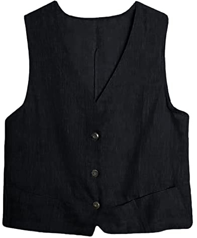 Generisch Chaleco negro corto casual sin mangas, cárdigan, chaqueta, holgado, delgado, chaleco informal chaqueta de tela para mujer