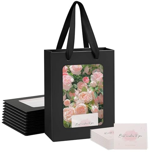 10 Stück Schwarz Geschenktüte mit Fenster, Krafttaschen mit Griffen | Papiertüten mit 10 Grußkarte Wiederverwendbar Geschenktüte mit Fenster für Party, Geburtstage, Hochzeiten (20×16×30cm)