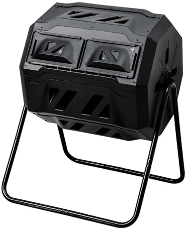 Vepnby Compostador De Tambor Rotatorio De Doble Cámara, Compostador Jardin, Vermicompostera, Ecológico, Gran Capacidad, Compostera con Puertas Correderas Y Estructura De Acero(Medium)