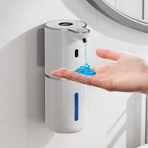 Fantictas Seifenspender Automatisch, Elektrischer Seifenspender mit Display, USB-Wiederaufladbarer,6-Stufig Einstellbar, 380ml Wandmontage für Badezimmer/Küche/Geschirrspülmittel, Weiß