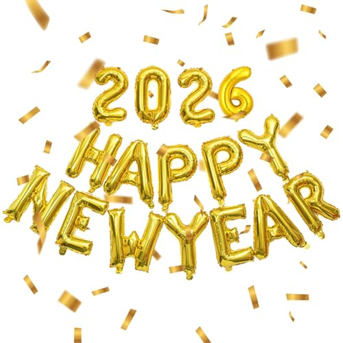 2026 Silvester Deko Luftballon, 18 Stück New Year Decoration 2026 Set, Folienballon mit Aluminiumfolie Goldkonfetti für Silvesterparty Dekorationen (Gold)