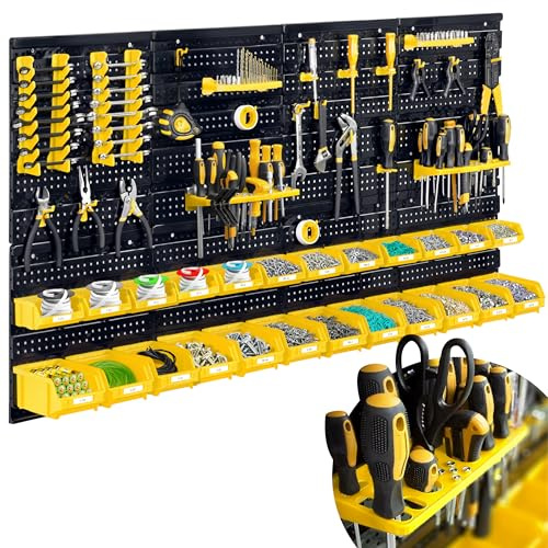 Humberg Werkzeugwand Werkstatteinrichtung - Lochwand - Wandregal für Werkstatt - 8 Module - 54 Teile - Schwarz Gelb - 128 x 76 cm