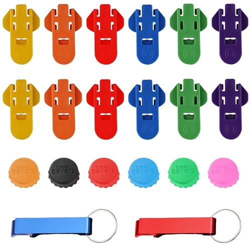Juego de 20 utensilios de apertura de cocina: 12 abridor de latas (6 colores, 2 unids/color) + 2 abrebotellas llavero (rojo+azul) + 6 tapones de cerveza