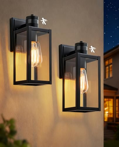 FTL Motion Sensor Outdoor Lights 2 Pack, Dusk Till Dawn Porch Lighting, 3 Modes Exterior Sensor Wall Lantern, E27 Outside Wall Lamp for Patio, PIR Motion Activated, IP44 Waterproof, Matteblack