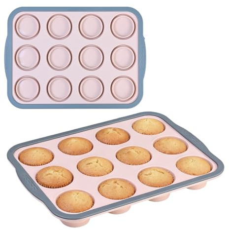 Astralong 2 Piezas Molde para Magdalenas, 31 x 22,2 x 3,6 cm Antiadherente Molde de Silicona para 12 Magdalenas con Marco de Metal, Plegable Bandejas para Hornear magdalenas y Muffins (Rosa)