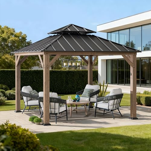 SUNJOY 3,3 x 3,3 m Gartenpavillon aus Zedernholz mit Hardtop | 4 Solar LEDs mit Fernbedienung, 2-stufiges Stahldach, regen und UV beständig, robuster Outdoor Pavillon für Garten, Terrasse