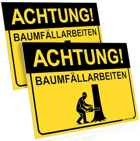 PRINTIMA 2x Schild 32x21 cm ACHTUNG! BAUMFÄLLARBEITEN aus wetterfestem PVC – Warnschild mit Montagematerial – Sicherheitskennzeichnung für Forst, Baustellen und Waldwege