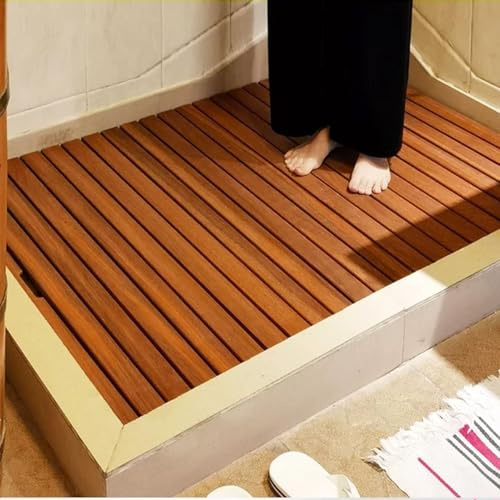 HOLGVE Tappetini da Doccia Grandi In Legno di Teak Antiscivolo, Tappetini da Bagno Quadrati Resistenti, Tavola Comoda Rialzata, for Spa, Sauna, Piscina Vasca Idromassaggio(25.5x25.5in/65x65cm)