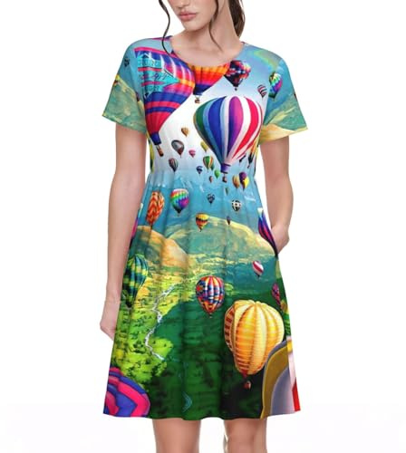 ASFgda Vestido casual de verano para mujer, manga corta, cuello redondo, acampanado, estampado de globos aerostáticos con bolsillos, longitud a la rodilla, Negro, S