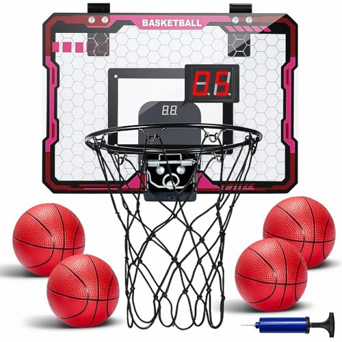 Basketball Hoop Indoor with Scoreboard, 4 Mini Balls & Pump, Mini Basketball Hoop Set Over the Door for Boys and Adults Office Game Gifts Basketballs Toys Room Accessories for Teen Boy 8 9 10 11 12
