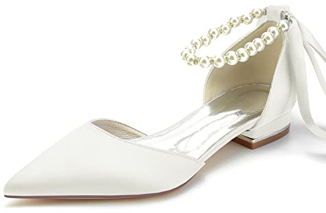 Yhsdfcn Pärlor Ankelrem Bandrosett Satin Ballerinaskor för Damer Spetsig Tå Bröllopsskor Brud Festskor Eleganta,Ivory,EU39