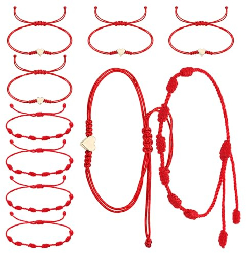 Psyqtsuary 8 Pcs Red String Bracelet Set, 7 Knot Good Luck Bracelets & Matching Heart Friendship Bracelets, Red Bracelet for Women Knots String for Protection Adjustable Lucky Charm-Bracelet