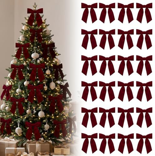 HIVTE 24 Pcs 4.7 Inch Burgundy Velvet Ribbon Gift Bows with Twist Ties for Christmas Wreaths, Gift Wrapping, Tree Decorations and Wedding Bows