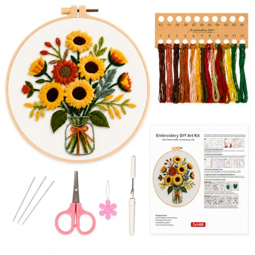 Sunflower Beginner Embroidery Kit Adults 20cm Bamboo Hoop Stamped Pattern | All-in-one beginner kit: 20cm bamboo hoop, threads, needles, and pre-stamped sunflower pattern – start immediately.