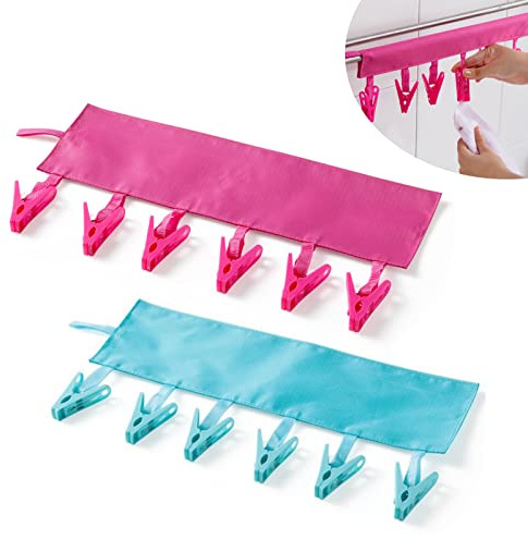 EQLEF® Clothes Line Pegs, Portable Folding Clothes Hanger Fabric Hangers Travel To Peg Six Clips on Clothesline 2 Pcs