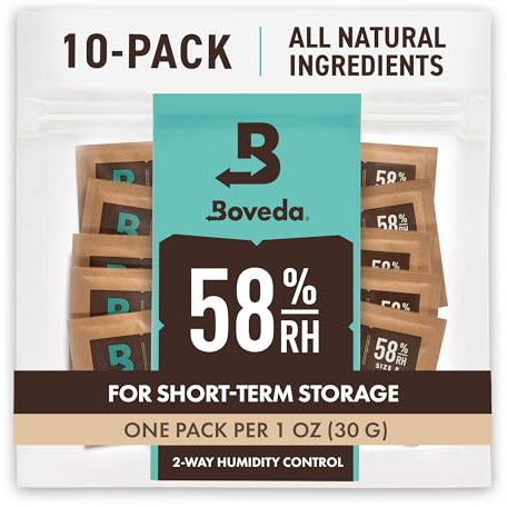 Boveda zur Aufbewahrung von Kräutern | 2-Wege-Feuchtigkeitsregulierung mit 58% relativer Feuchtigkeit | Größe 8 schützt bis zu 30 g Blüten | wiederverschließbare Verpackung mit 10 Stück