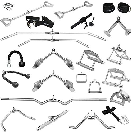 Sporttrend 24® Griffe für Seilzüge, Kabelzüge | Latzugstange, Rudergriff, Bizeps Trizeps Stange, Trizeps Seil, SZ Stange, Karabiner, Fußschlaufe, Unterarmtrainer, Nackentrainer, Griff Set