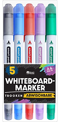 Whiteboard Marker von SmartPanda – Whiteboard Stifte, Folienstift Abwischbar - Doppelspitze, Medium und Fein – Abwischbare Stifte, non Permanent Marker, Whiteboardmarker – 5 Set