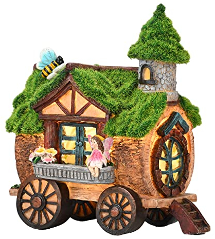 TERESA'S COLLECTIONS Gartendeko für Draußen Solarleuchte Feenhaus mit beflocktem Dach Feengarten Kunstharz Wasserfest Wichtelhaus Gartendeko für Feenhaus Garten Neujahrsgeschenk 21cm