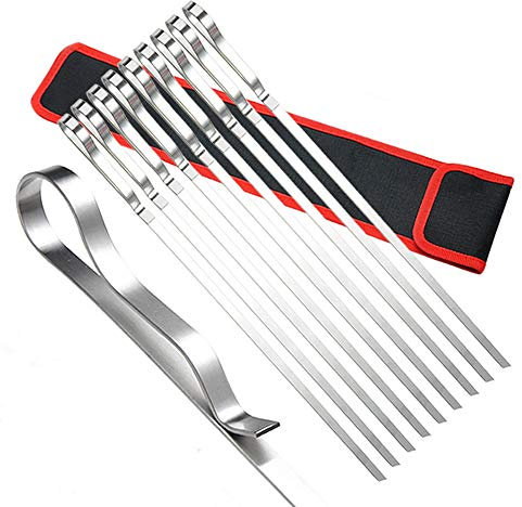 HeyWin Metal Skewers,10 Pcs,16.8 inch Long Kebab Skewers for More Meat or Vegetabels, Easy Clean,with A Storage Pouch,for BBQ skewers in The Garden or Outdoors (Size 2)