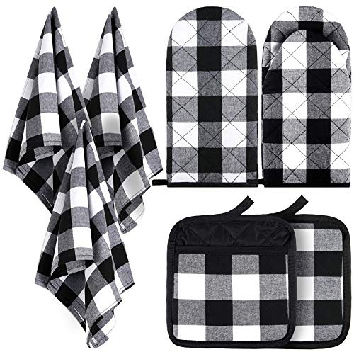7 Pieces Buffalo Check Dish Towels Pot Holders Oven Mitts Set Cotton Plaid Kitchen Dish Towels Non-Slip Heat Resistant Oven Mitts and Pot Holders for Cooking Baking Grilling Supply (Black with White)