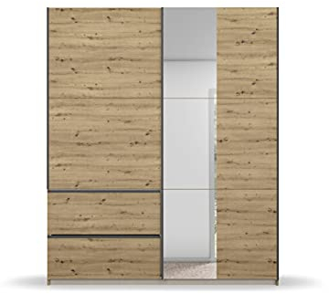 Rauch Möbel Sevilla Schrank Kleiderschrank Schwebetürenschrank, Eiche Artisan, Holz, Griffleisten Grau metallic, 2-türig mit Spiegel, inkl. 2 Kleiderstangen, 2 Einlegeböden BxHxT 175x210x59 cm