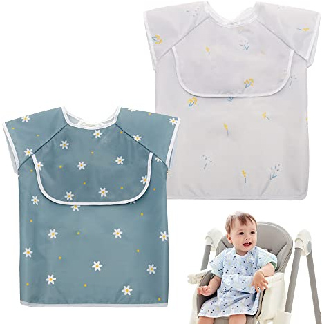 Little Dimsum Baby Lätzchen mit Kurzen Ärmeln 2 Stück, Wasserdichte Lätzchen mit Auffangtasche für Babys und Kleinkinder Kinder von 6-36 Monate