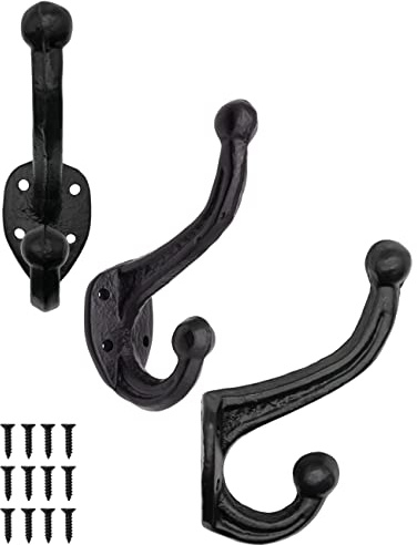FUXXER 3x Massive Eisen-Garderobenhaken, Wand- und Kleiderhaken im Vintage Gusseisen Design Schwarz