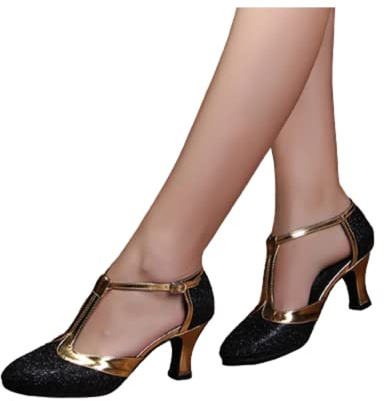 HGYJ Zapatos de Baile Latino para Mujer salón de Baile estándar tacón Medio Suela Suave Punta Cerrada Zapatos de Baile Superiores de Cuero sintético Antideslizante