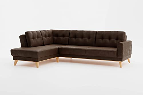 CAVADORE Ecksofa Lima mit Ottomane / Couch in L-Form in Wildlederoptik mit Wellenfederung, Holzrahmen + Steppung im Rücken / Mikrofaser, Dunkelbraun