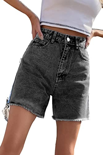 FANGJIN Jean Bermuda Femme Short Grande Taille Haute Sexy Été Ample Chic Danse Travail Pas Cher Droit Sport Ete Plage Polyester Marque Glands Boucles Zip Gris L 44 46