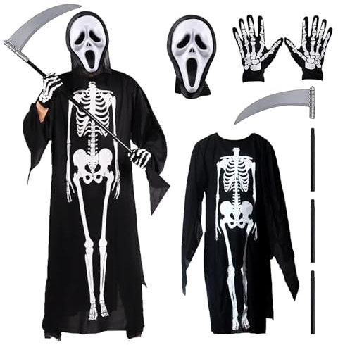 Disfraz Scream Ghostface Mask Halloween Costume Adulto con Mascara de Scream, hoz y guantes para cosplay, carnaval, hombre y mujer