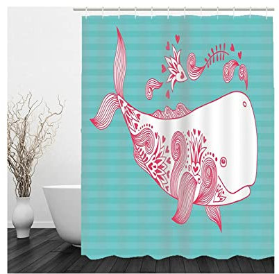 Whoiy Duschvorhang 180X180 Antischimmel, Duschvorhang Textil Landhaus Polyester Badegardinen Wal Grün Rosa für Outdoor Hotel