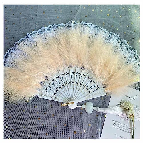 SHTGOI Damen Federfächer Bunt Handfächer Vintage Handheld Feather Fan Klappfächer mit Spitze Rand und Quastenanhänger für Kostüm Halloween Tanzshow Tee Party Hochzeit Einseitige Feder Champagner