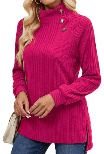 Akiooue Jumpers for Women UK,Turtleneck Lightweight Solid Color Ribbed Ladies Casual Knitwear Office Daily Going Out Festive Wear Sweatshirts Hot Pink Size 16