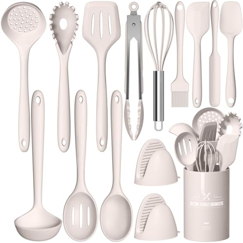 Terlulu Set di utensili da cucina, 15 pezzi, in silicone, resistenti al calore, con porta utensili, set di utensili da cucina, lavabili in lavastoviglie, colore: kaki