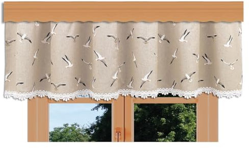 kollektion MT Querbehang Ilma Möwe mit Vogtländischer Spitze – hochwertige Landhaus-Gardine in Natur | maritimer Baumwollstoff Blickdicht | Volant mit Reihband Höhe x Breite 30 x 120 cm