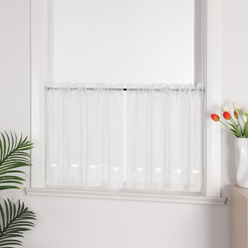 Joyswahl Leinenoptik Scheibengardine im Landhausstil »Jasmin« Cáfe Gardinen Transparent Kurz Küchengardinen Bistrogardinen Wohnzimmer Weiß HxB 45x120cm 1 Stück