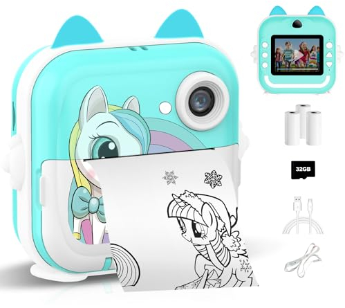 Macchina Fotografica Istantanea per Bambini,2,4 Pollici Digitale Fotocamera Instant Print 1080P HD Videocamera Obiettivo Fotocamera con 32GB Scheda e Carta Fotografica per Stampa，Regalo di Compleanno