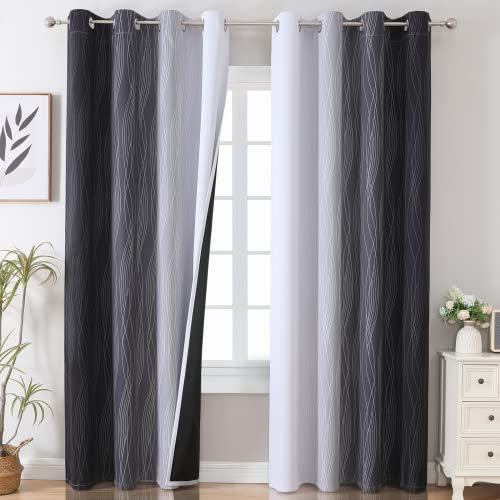 VEHEDE Gradient Blackout Curtains for Bedroom, Ombre Thermal Insulated Curtain 84 Inch Drop Noise Reduction Eyelet Drapes for Window Treatment, W52 x L84 Inch, Black and Greyish White, 2 Panels