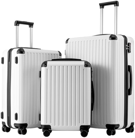 COOLIFE Koffer Trolley-Koffer Hartschalen-Koffer Rollkoffer Reisekoffervon ABS-Material mit TSA-Schloss Teleskopgriff und 4 Zwillingsrollen (Weiß, Koffer-Set)