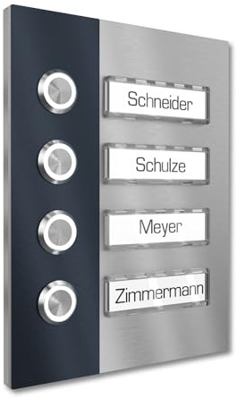 Graviers Design Mehrfamilienhaus Aufputz Klingel 4 Namensschilder austauschbar - V2A Edelstahl Türklingel 140x185 mm - LED Klingeltaster Namensschild Beleuchtung wählbar für Haustür